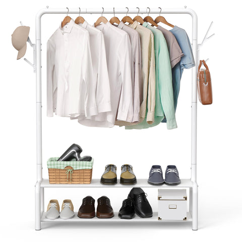 Simple Houseware 52in closet rack with shelves and coat hooks keeps wardrobe organized.