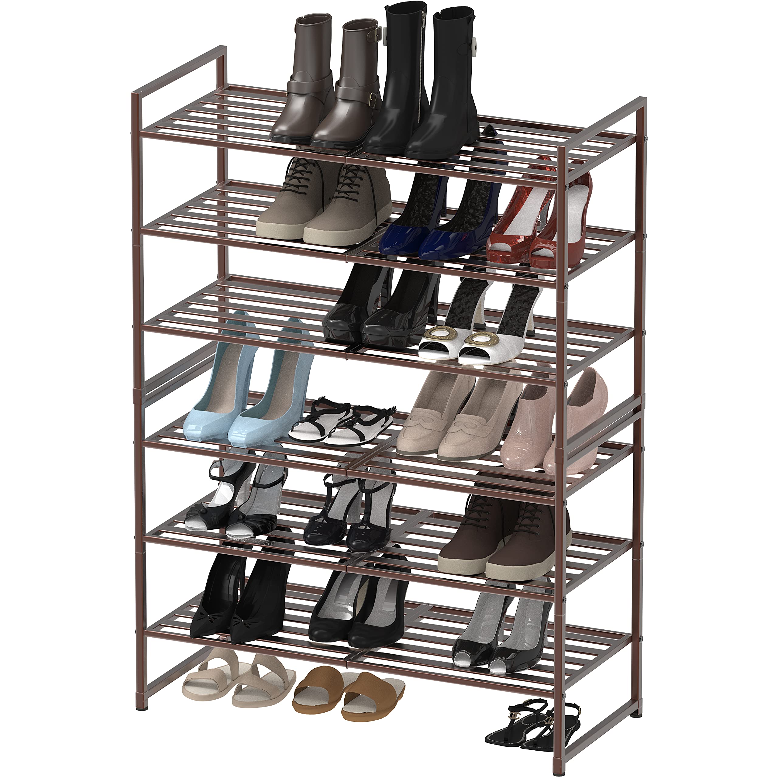 Bronze-coated shoe rack demonstrates sturdy metal construction.