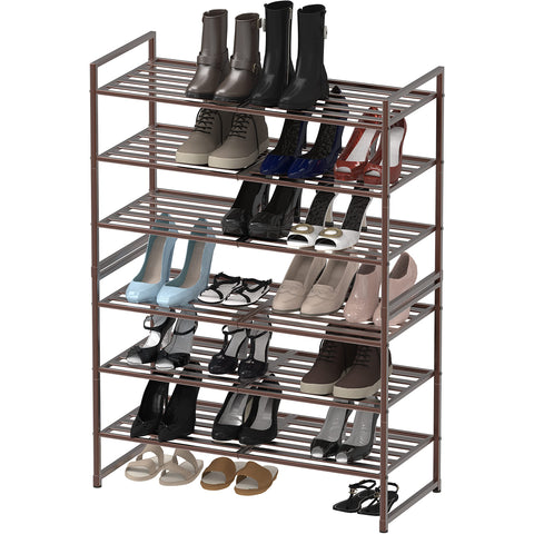 Bronze-coated shoe rack demonstrates sturdy metal construction.