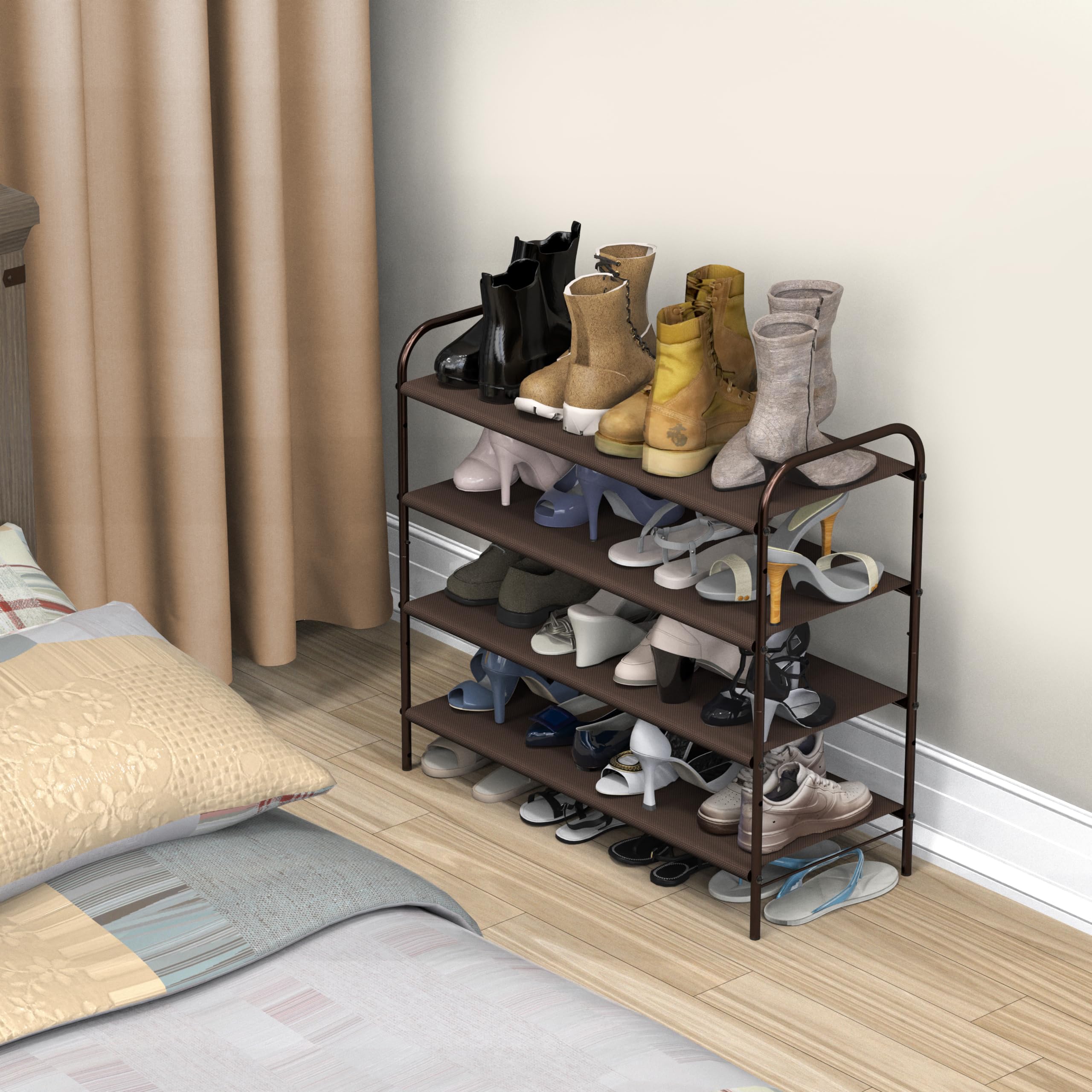 Simple Houseware bronze shoe rack in a dorm or closet setup.