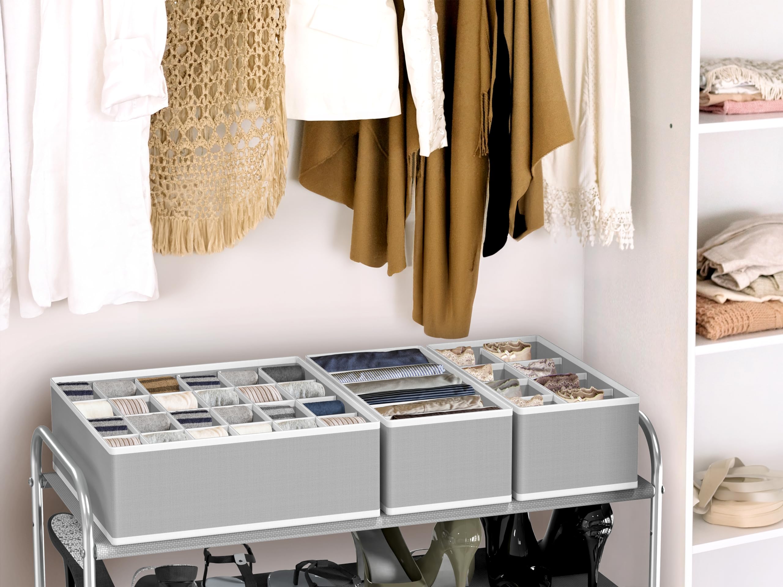 Simple Houseware six-cell bin keeps scarves and towels reachable.