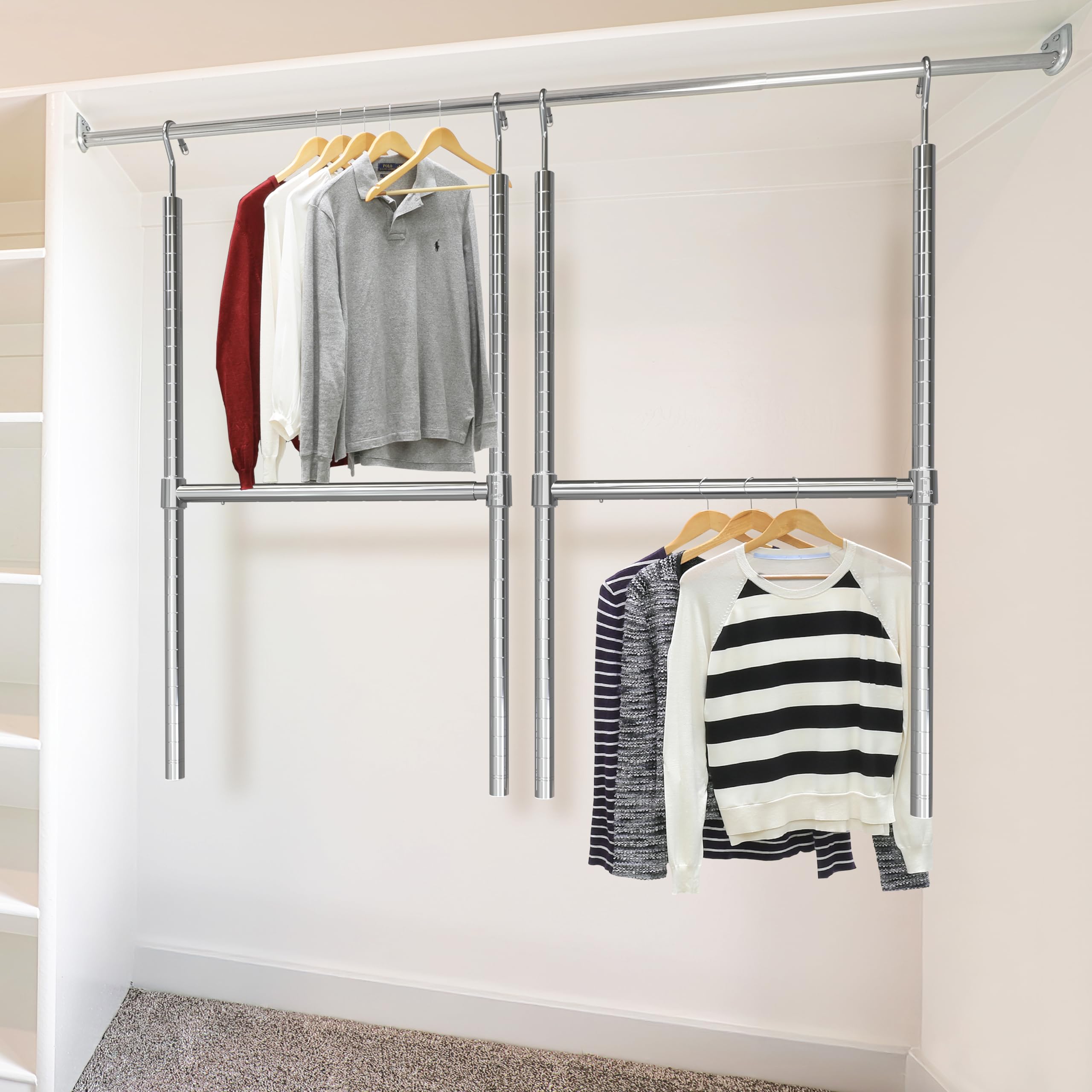 Simple Houseware chrome closet rod in use to hang shirts and jackets.