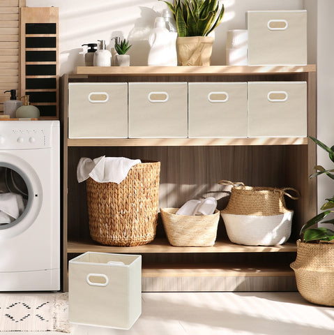 Simple Houseware beige cube-bin with handles on a shelf for closet organization