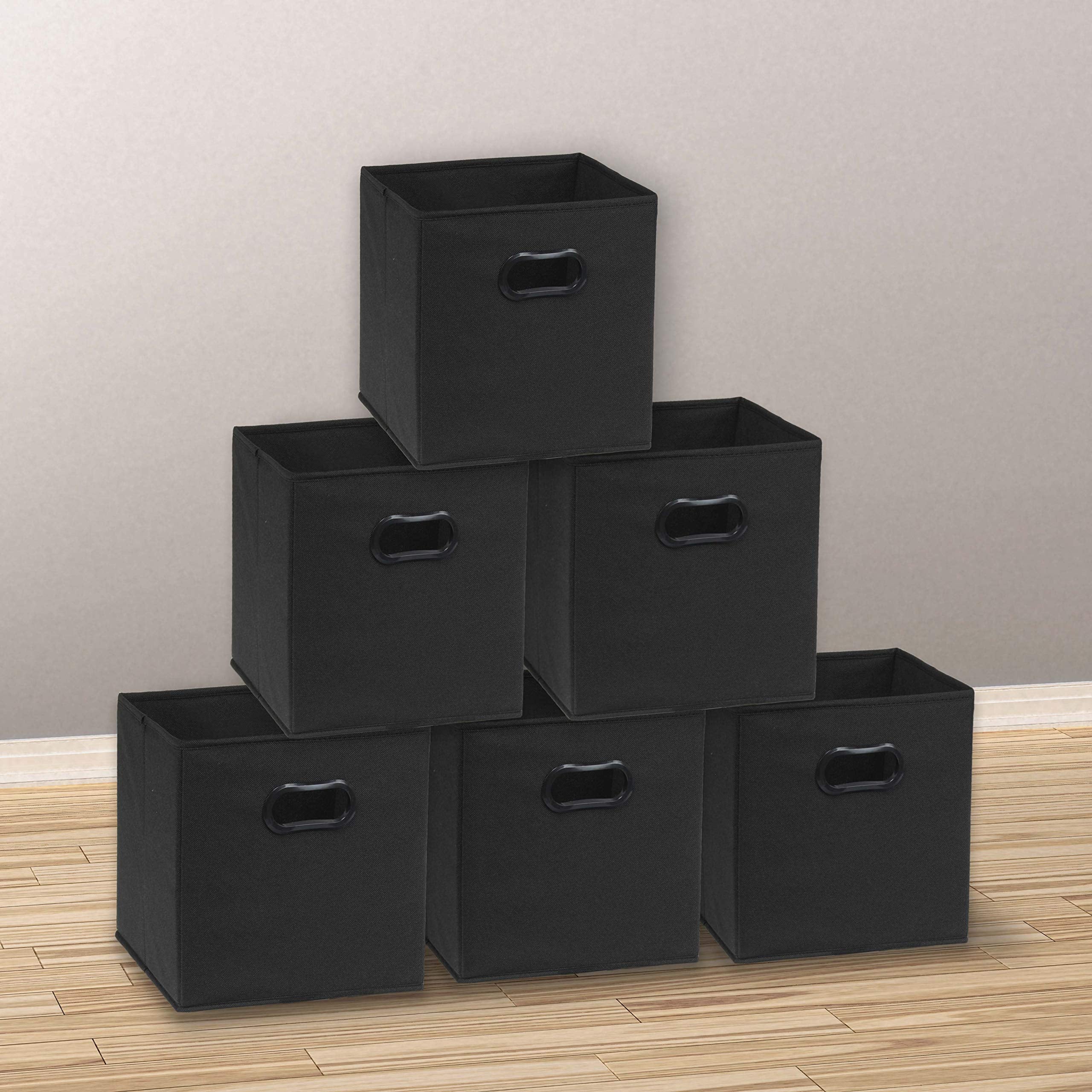Simple Houseware cube bin with side handles enables easy access from shelves.