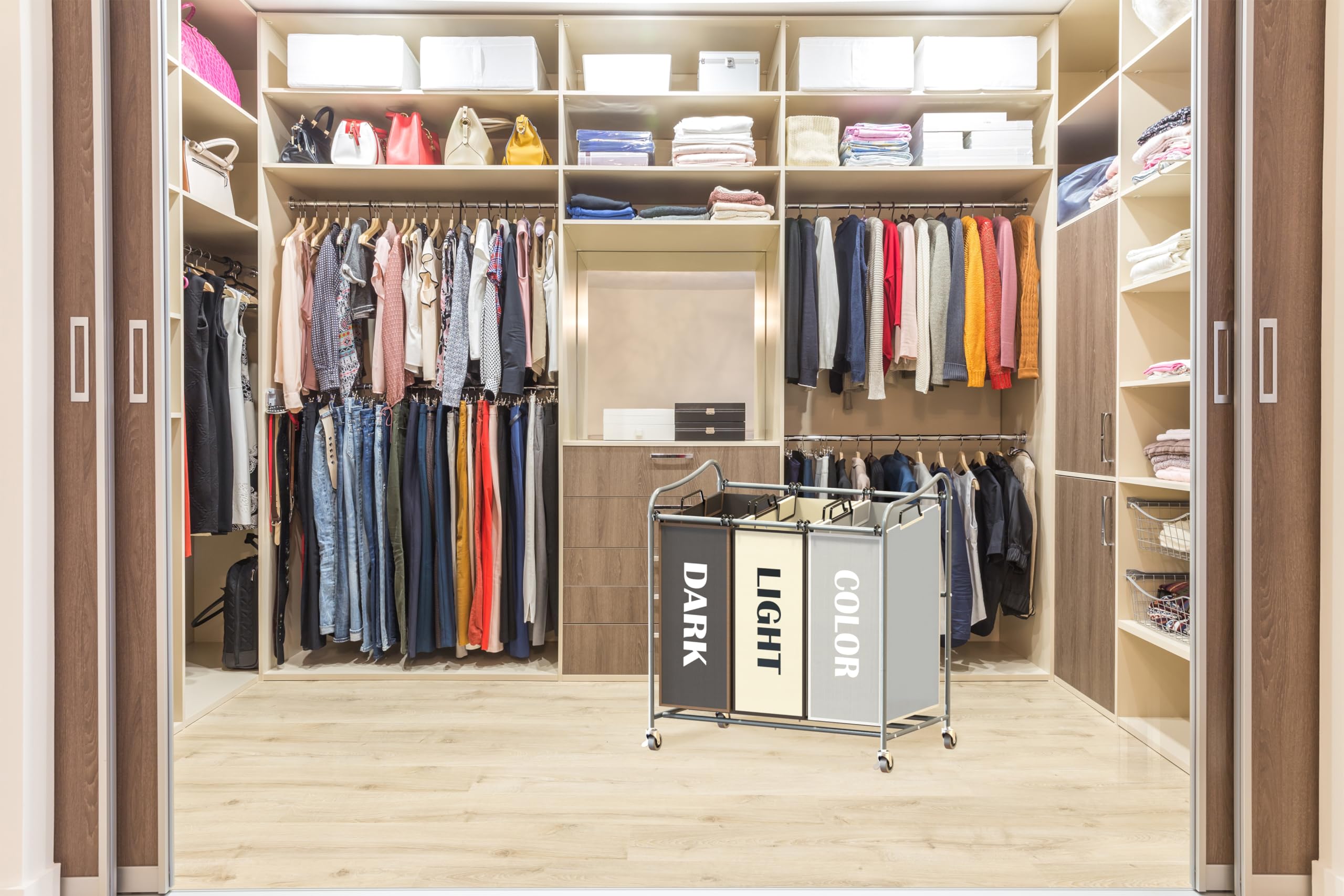 Dimensions show bag size and frame fit for compact laundry spaces