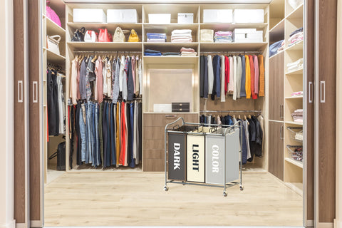 Dimensions show bag size and frame fit for compact laundry spaces