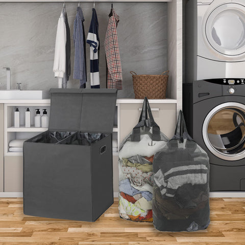 Simple Houseware hamper lid open shows removable bags for easy transfer.