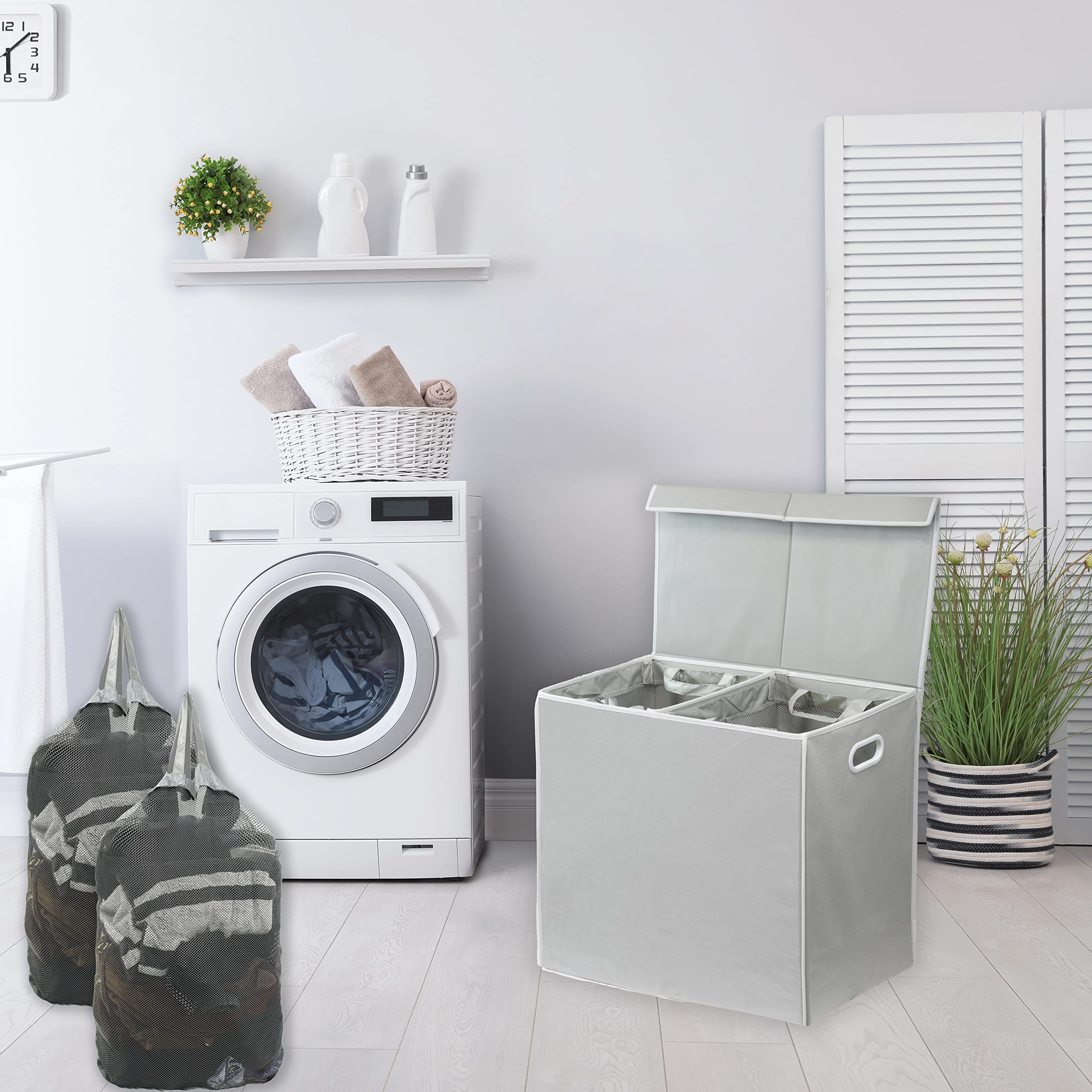 Simple Houseware double hamper lid open shows removable bags for easy transport to the washer