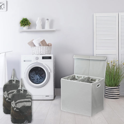 Simple Houseware double hamper lid open shows removable bags for easy transport to the washer