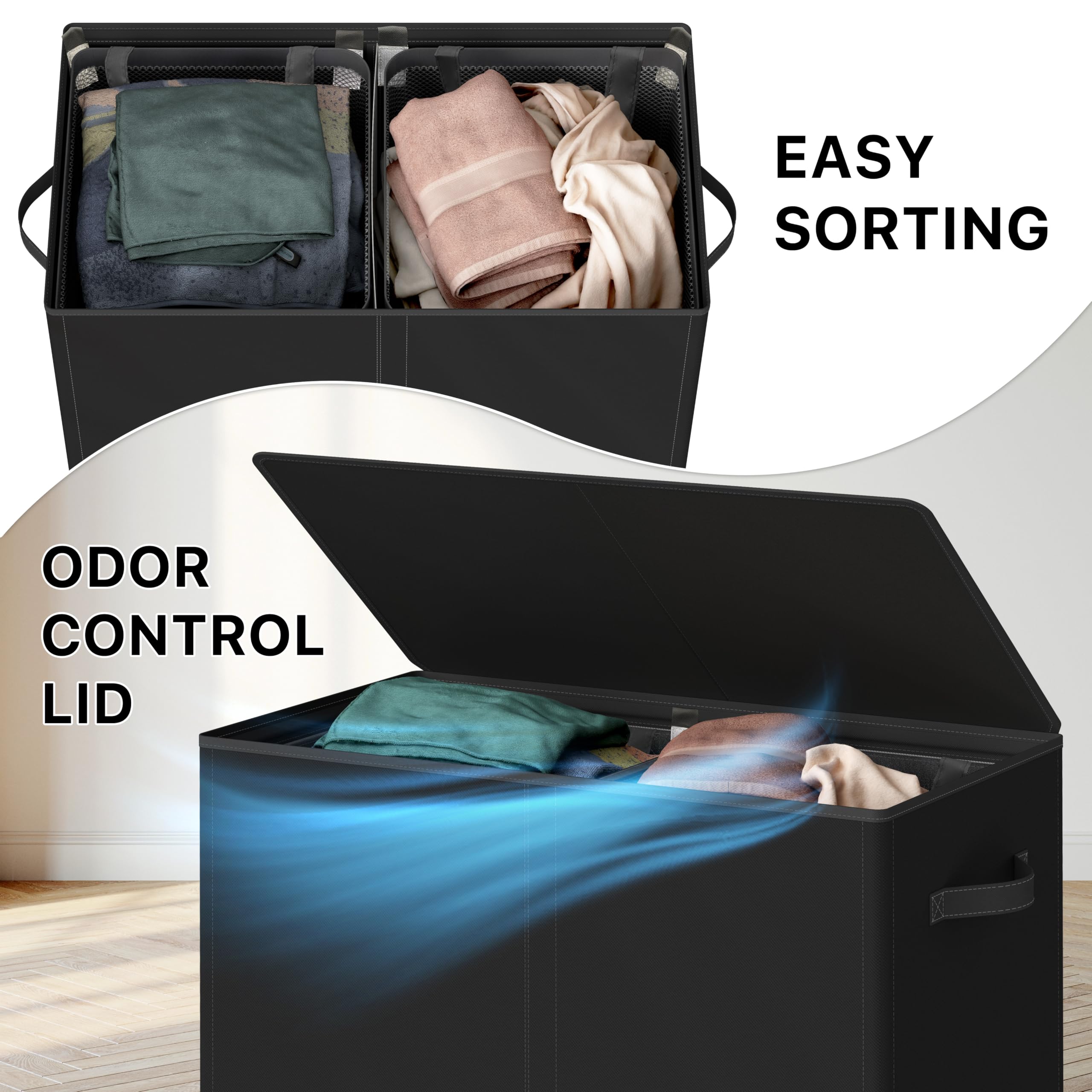 Simple Houseware odor-control lid keeps dirty clothes out of sight and odors down.