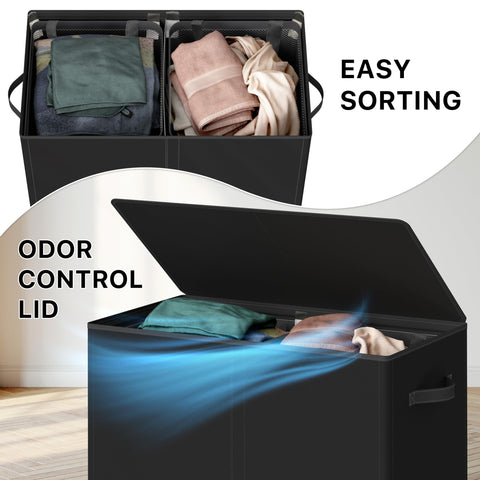 Simple Houseware odor-control lid keeps dirty clothes out of sight and odors down.