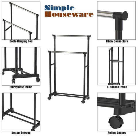Simple Houseware double-rod garment rack loaded with shirts and jackets.