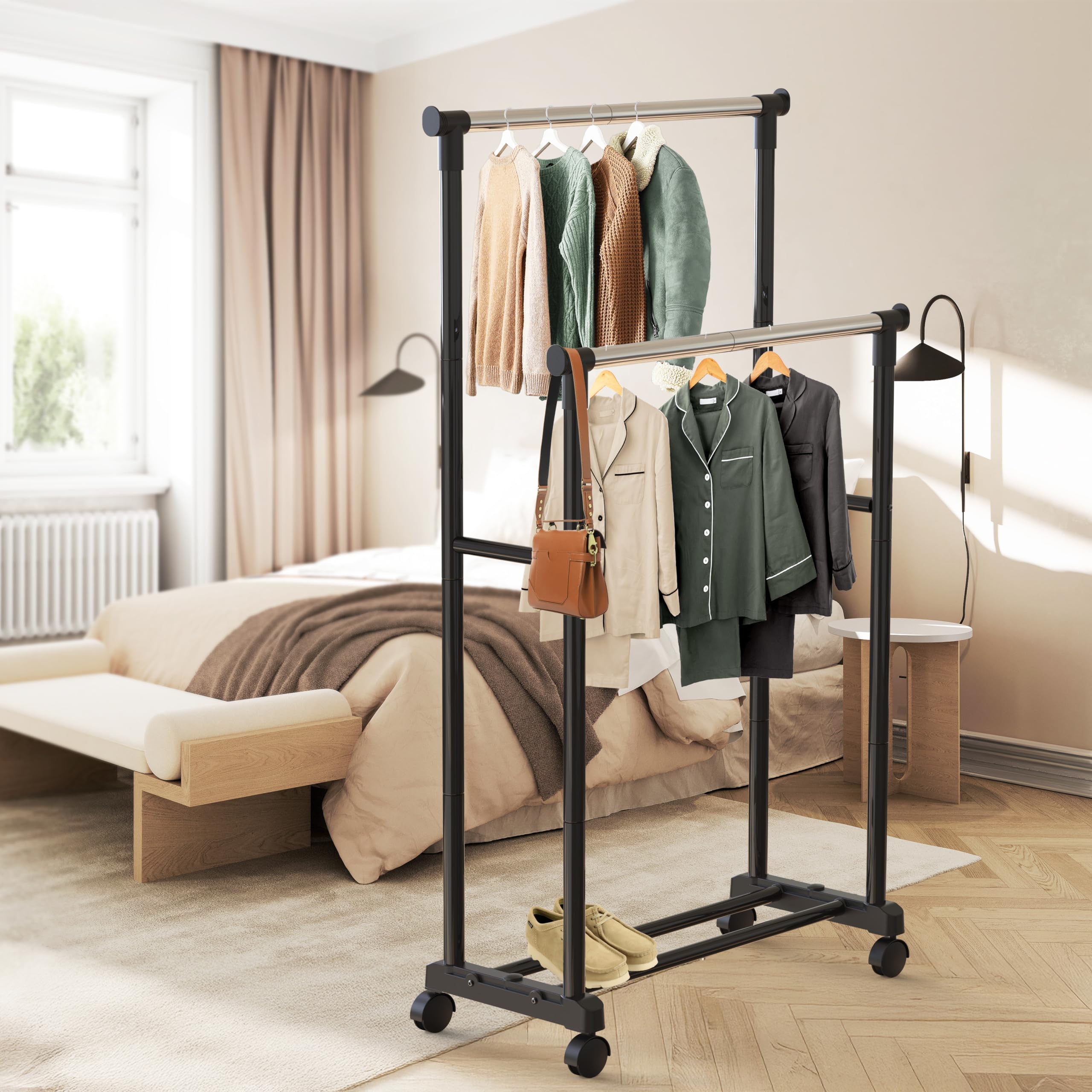 Simple Houseware double-rod garment rack side view showing sturdy metal frame.