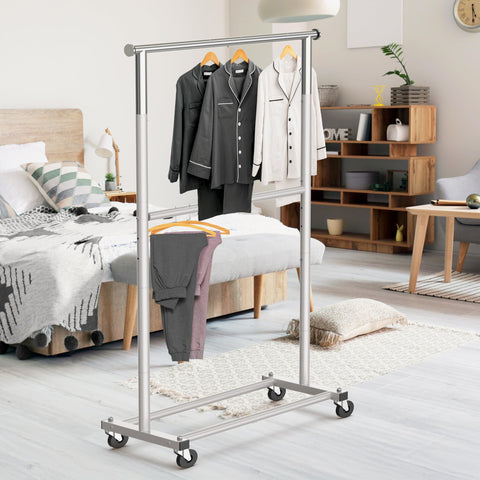 Simple Houseware garment rack top rods extended showing extra hanging space for coats and shirts