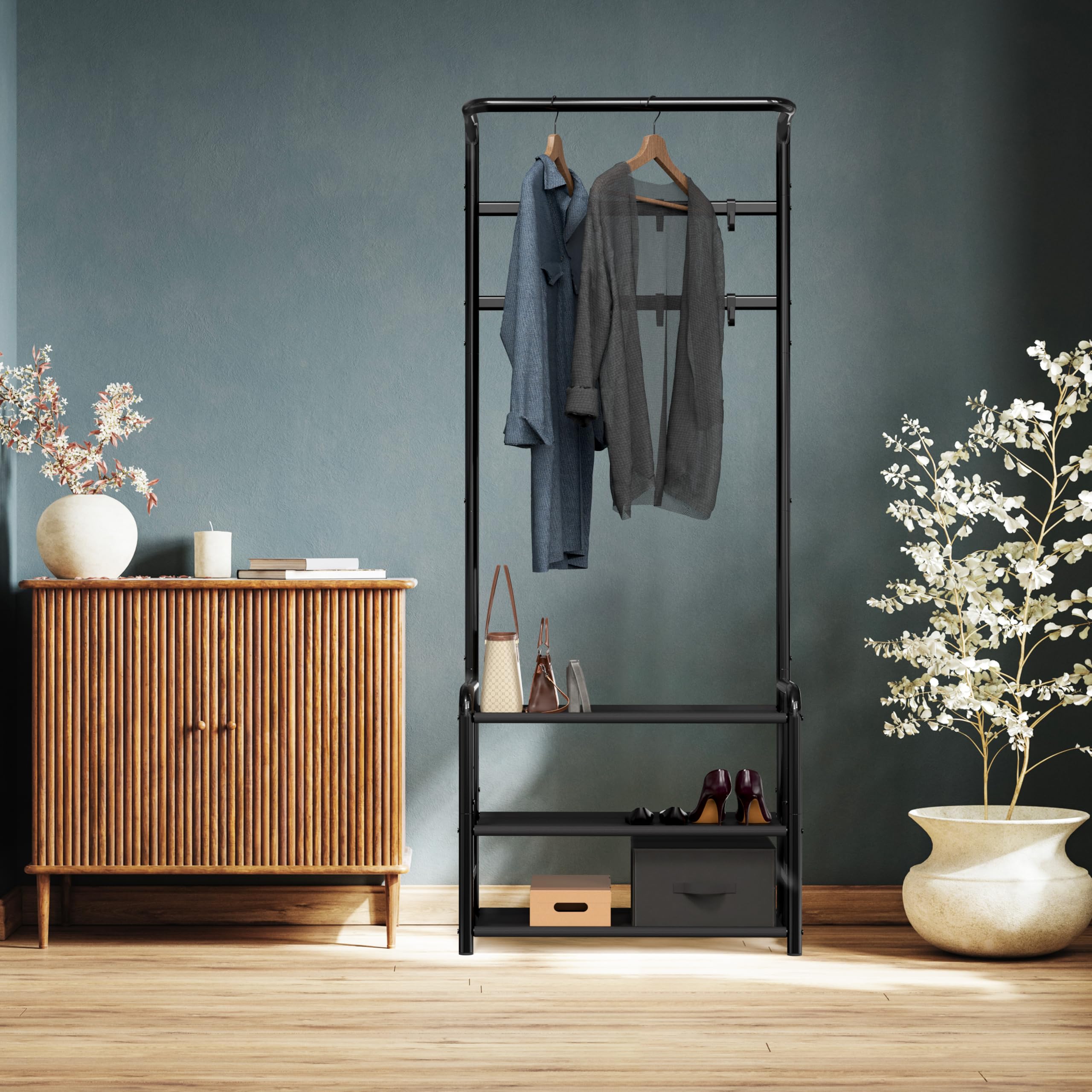 Simple Houseware durable 600D fabric shelves offer extra storage and shoe rack space.