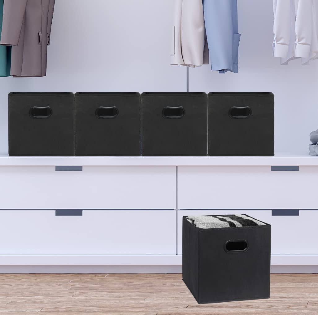 Simple Houseware black 11-inch cube bin on closet shelf for clutter-free storage.