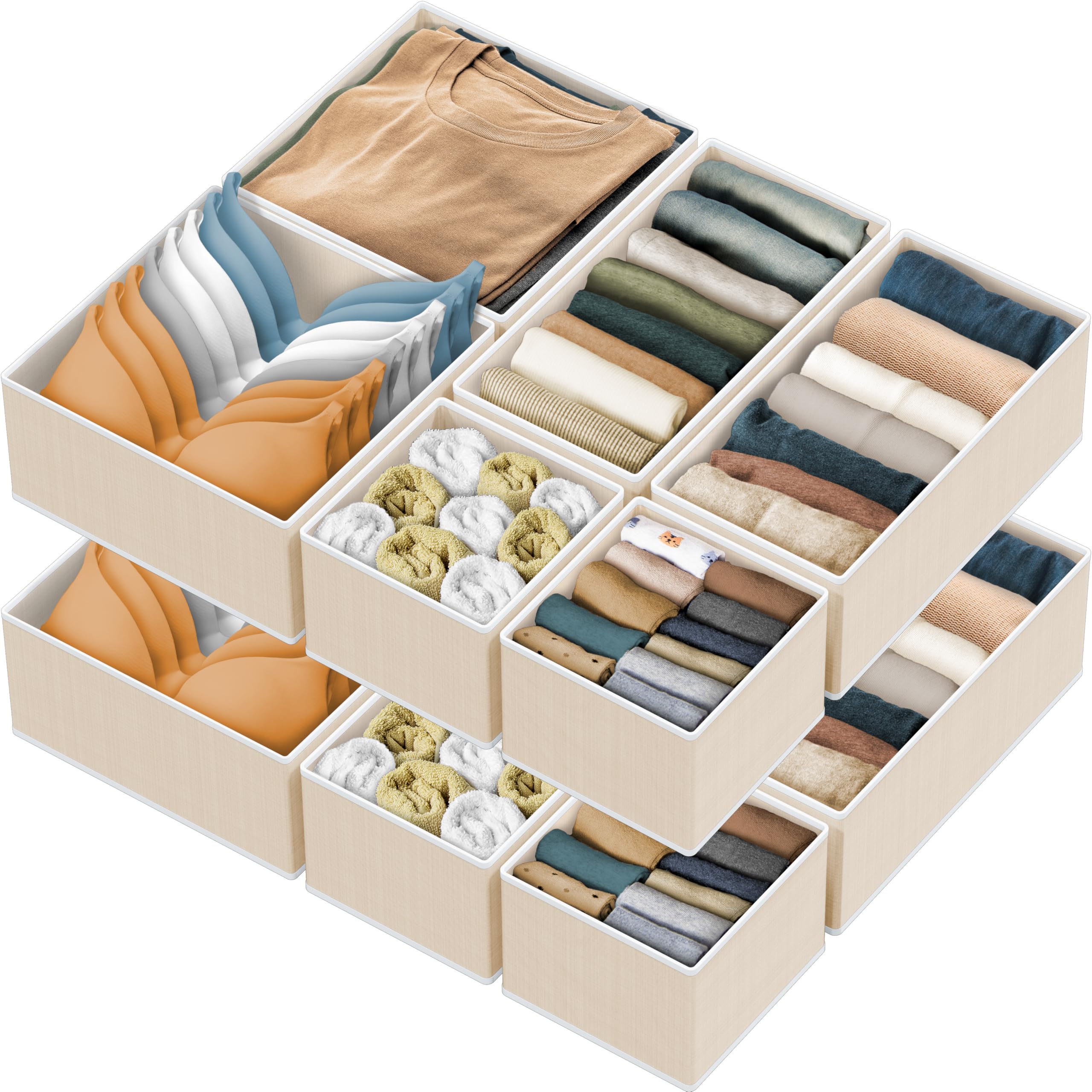 Simple Houseware 12-pack beige fabric drawer organizers in a drawer for easy sorting.
