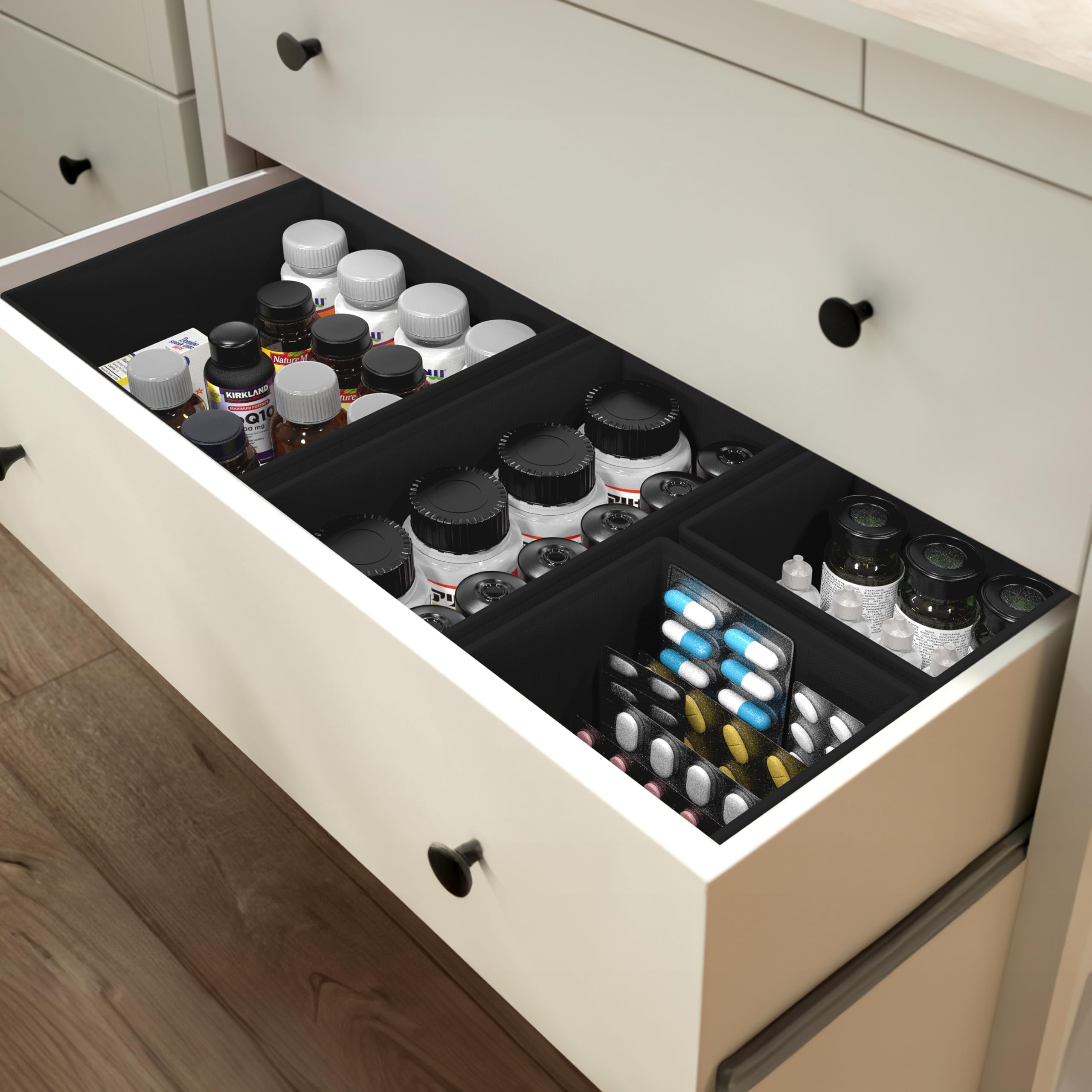 Set of 12 boxes in classic black keeps organization consistent.