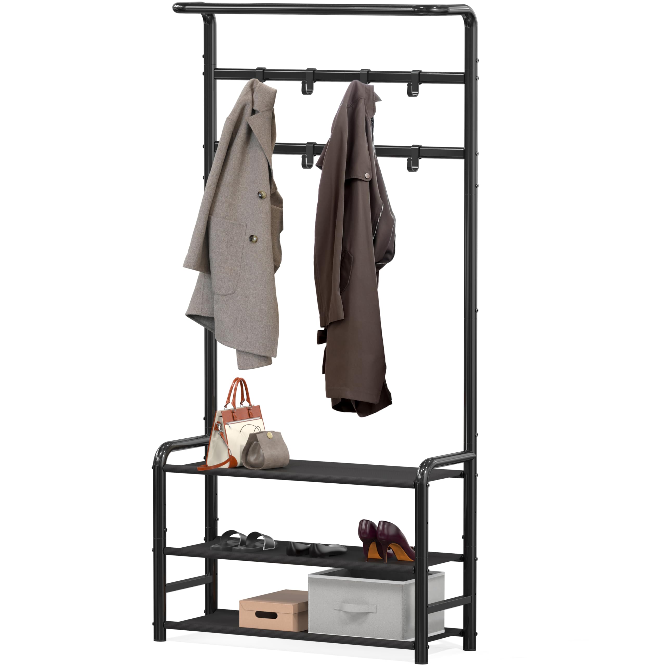 Simple Houseware freestanding hall tree with hooks ready for coats and bags.