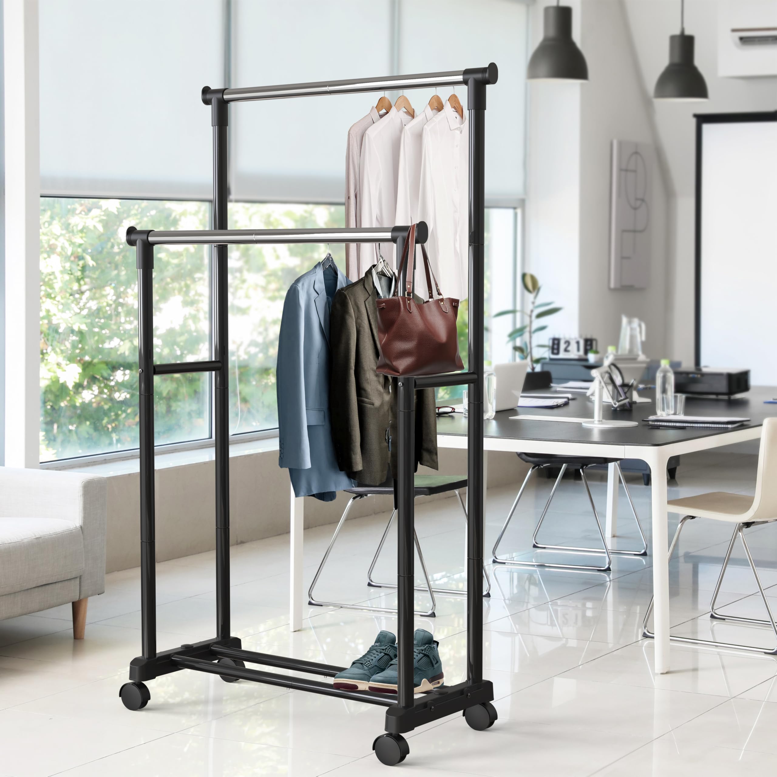 Simple Houseware garment rack with smooth-rolling casters for mobility.