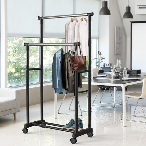 Simple Houseware garment rack with smooth-rolling casters for mobility.