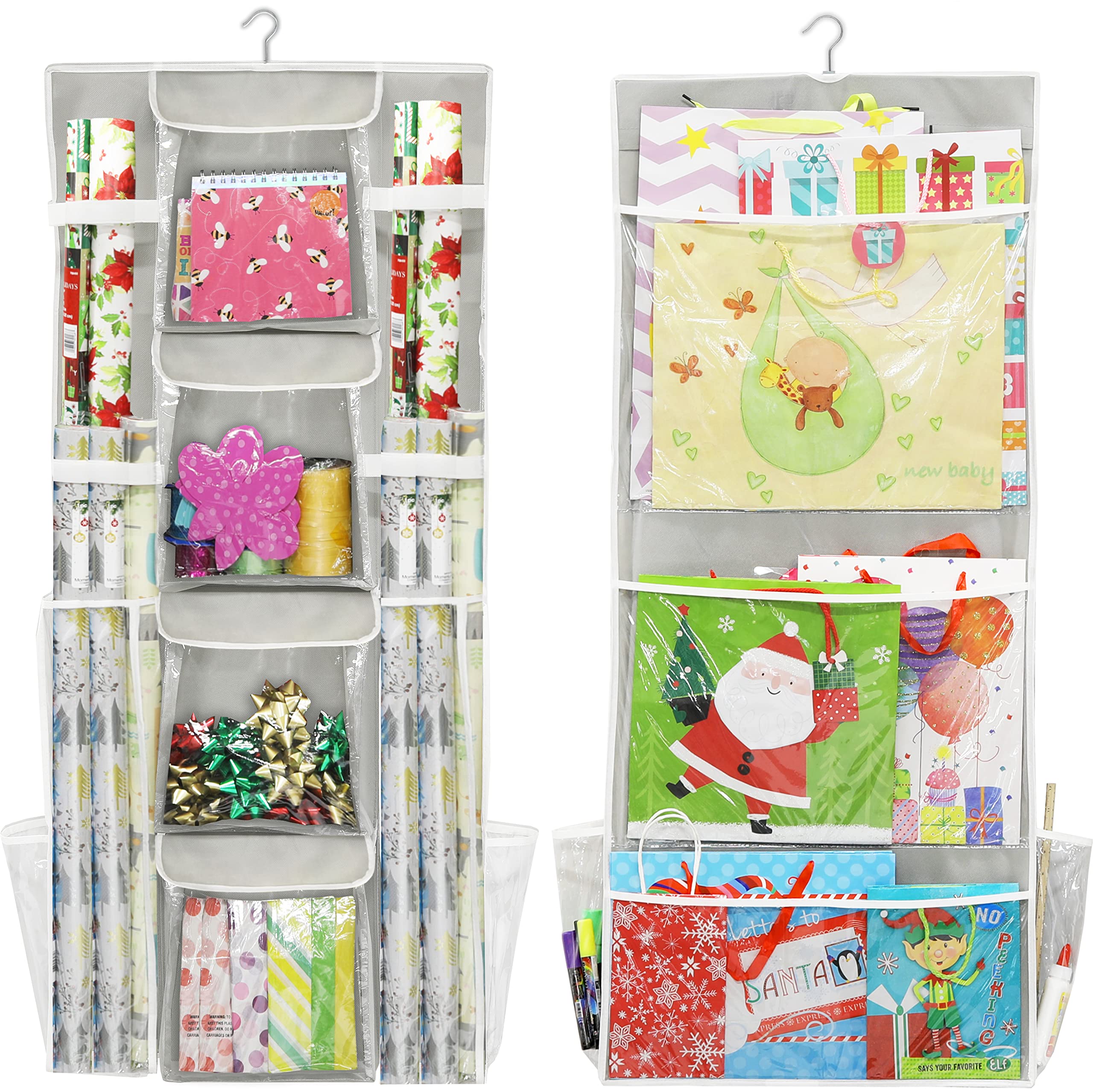 Simple Houseware gift wrap organizer back pockets neatly store bags of varying sizes.