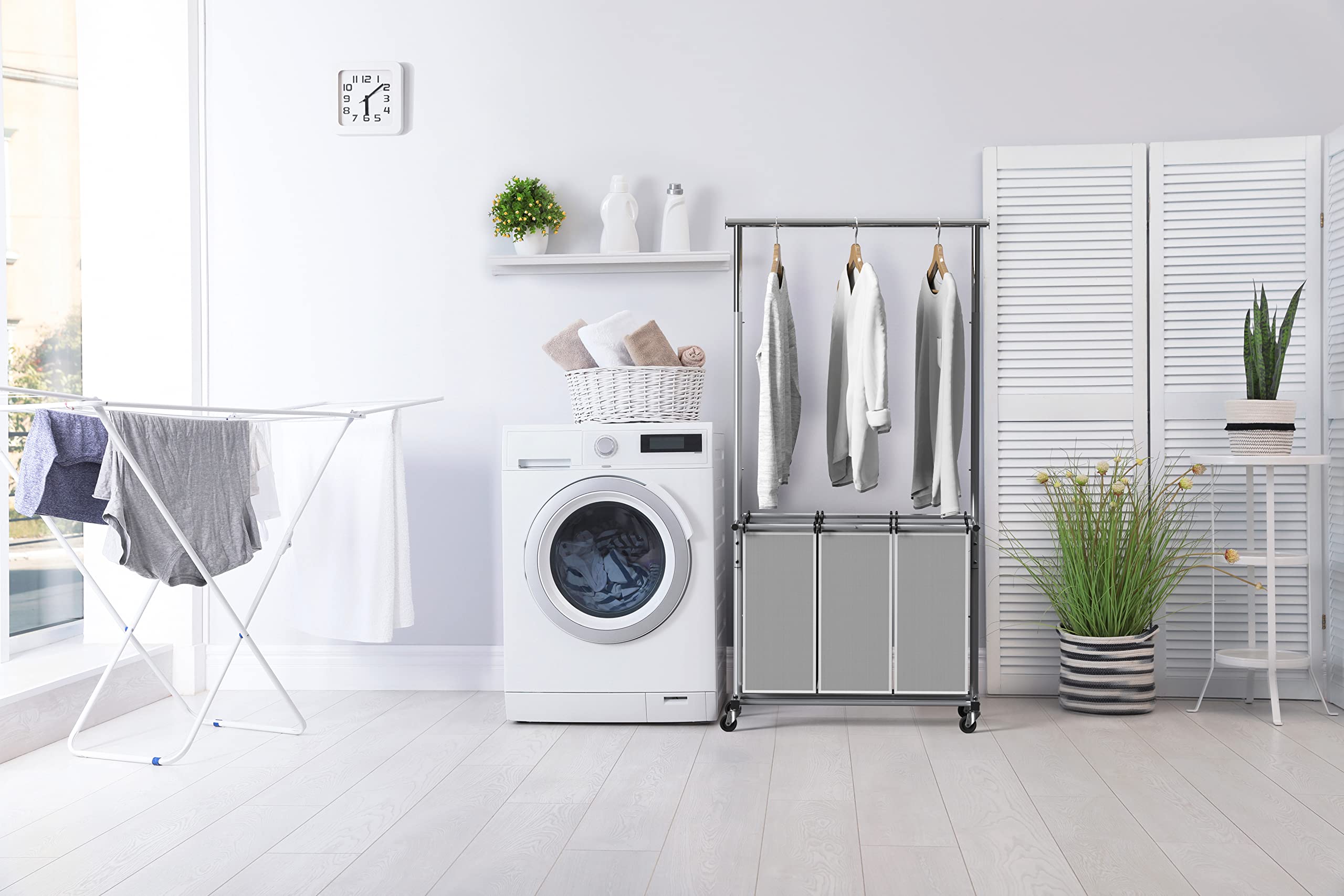 Simple Houseware gray bags provide convenient separation of clean and dirty laundry.