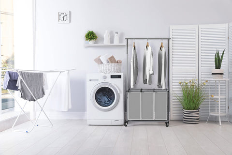 Simple Houseware gray bags provide convenient separation of clean and dirty laundry.
