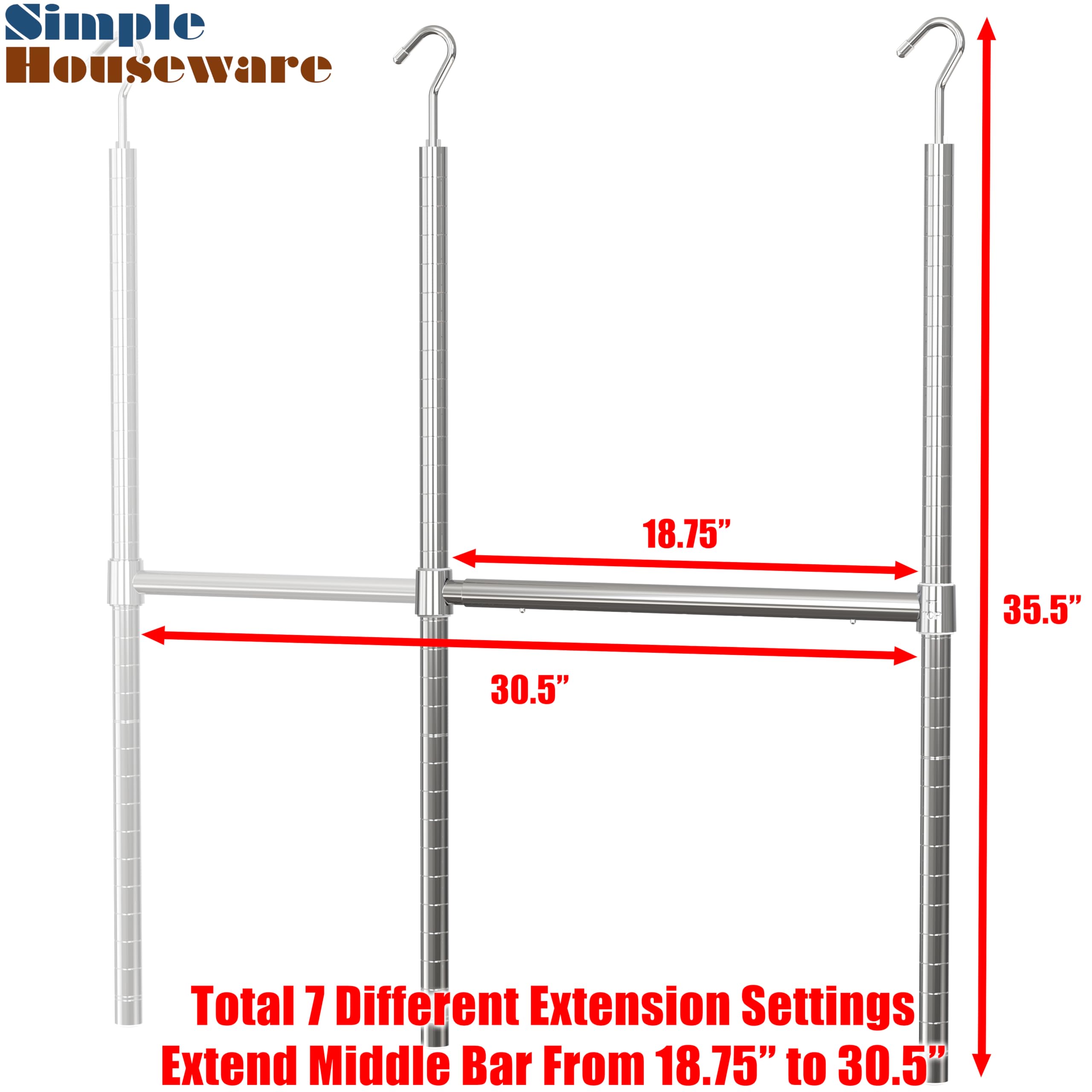 Simple Houseware height-adjustable hanging rod detail demonstrating 1-inch increments.