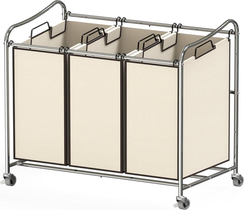 Simple Houseware heavy-duty 3-bag sorter in chrome, front view, ideal for organized laundry days