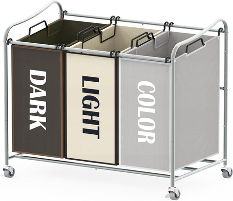 Simple Houseware heavy-duty 3-bag sorter front view with sturdy silver frame for organized laundry