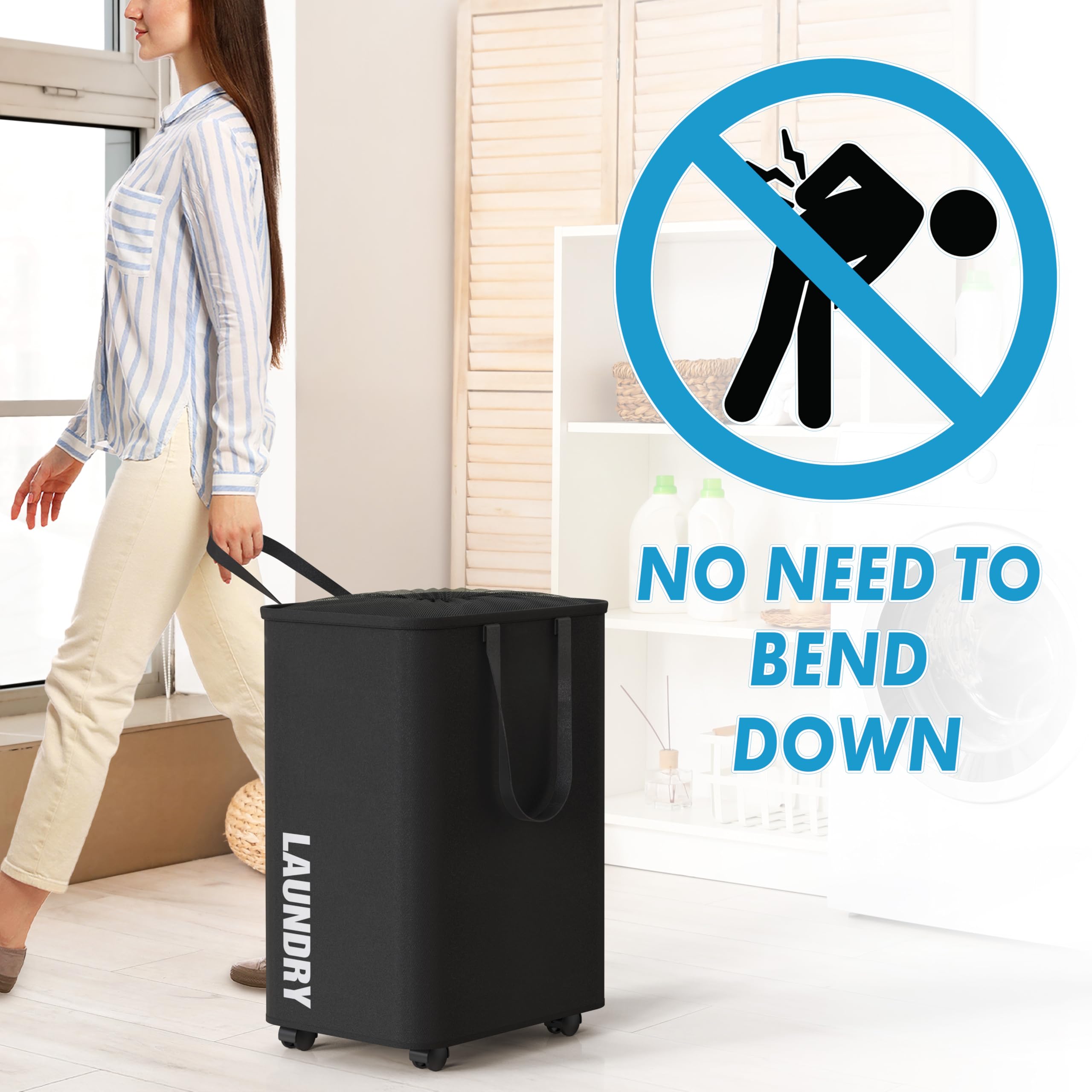 Simple Houseware laundry basket with wheels enables smooth rolling through rooms and doorways.