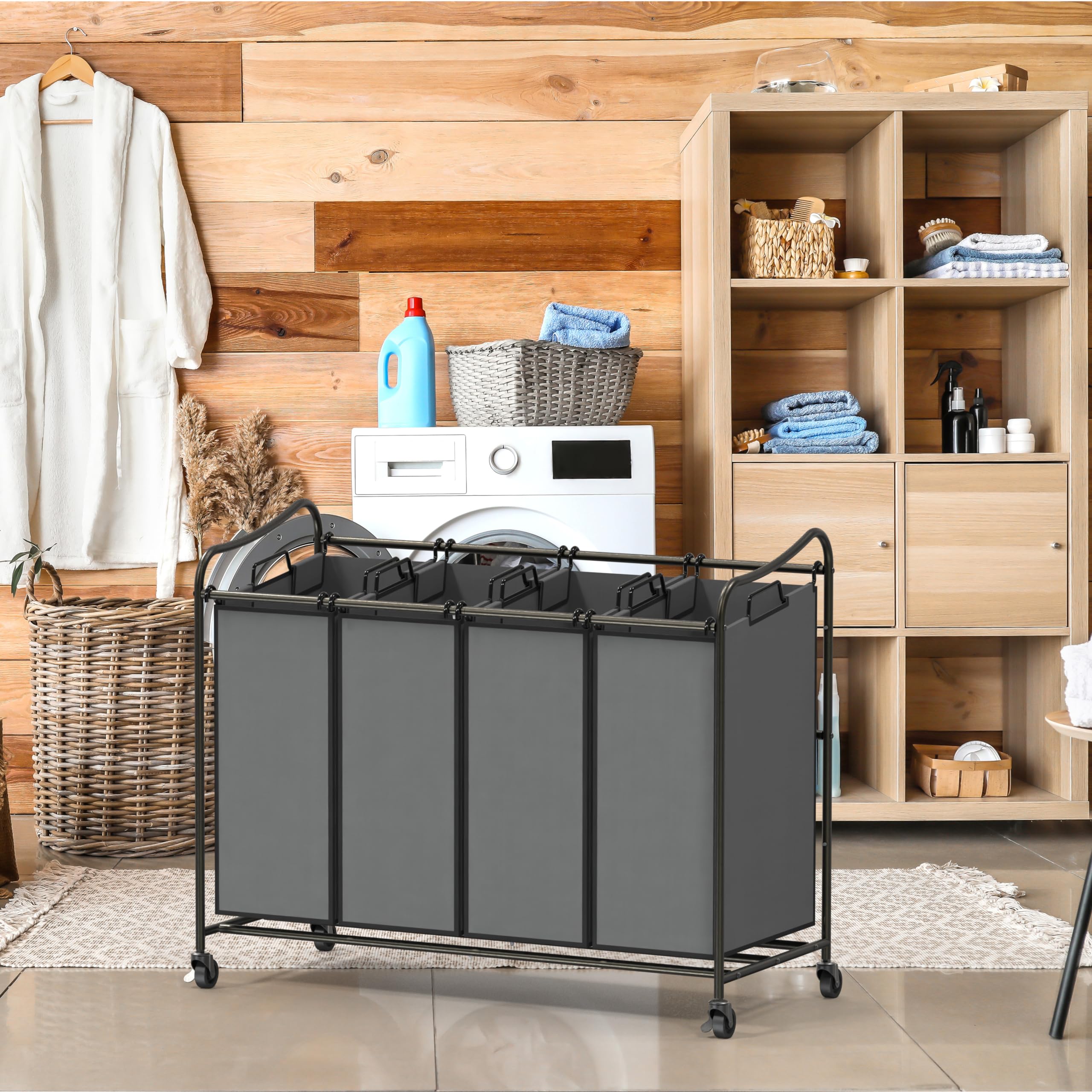 Simple Houseware 4-bag sorter from the side view showing bags and frame for easy maneuvering.