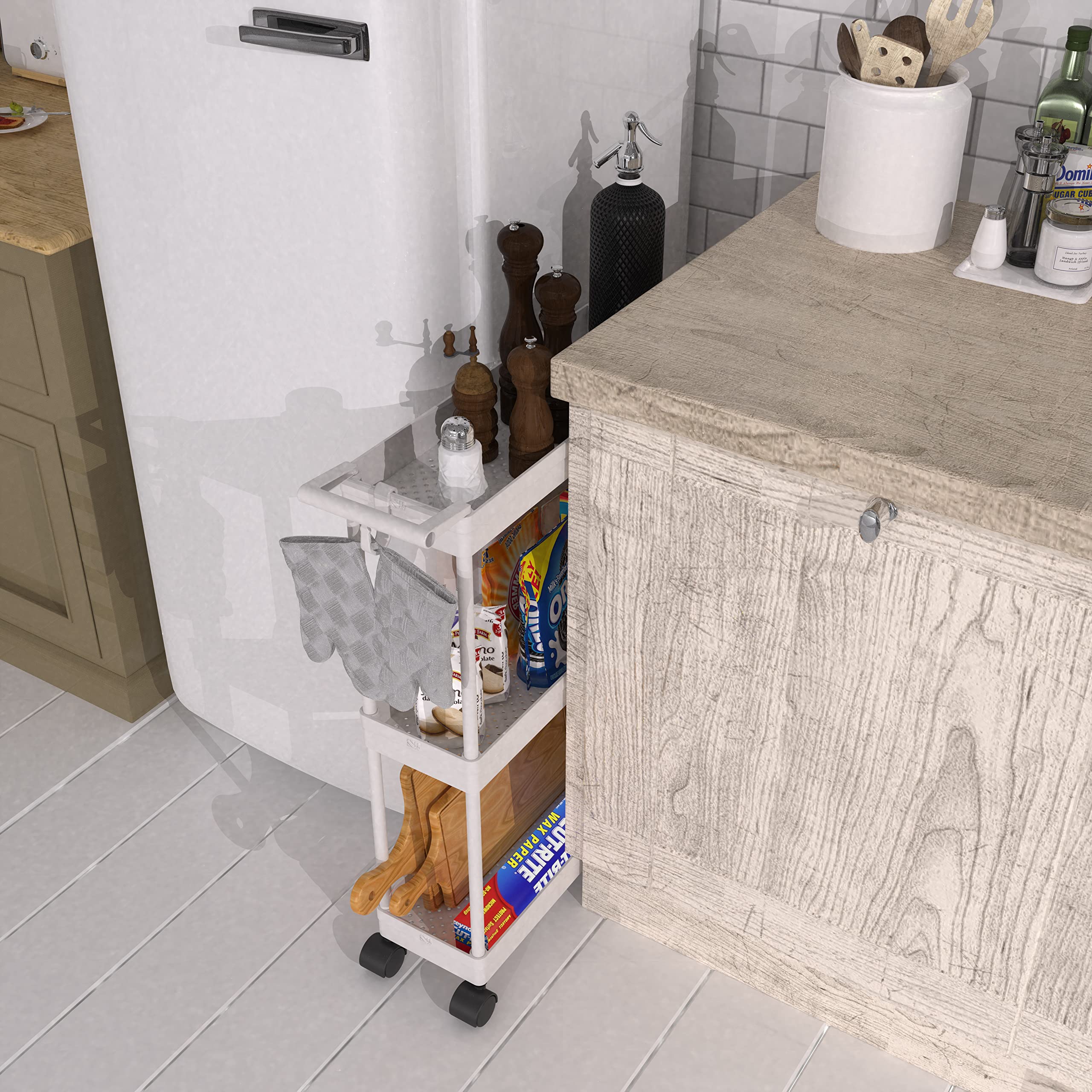 Simple Houseware rolling casters with locks keep the cart steady.