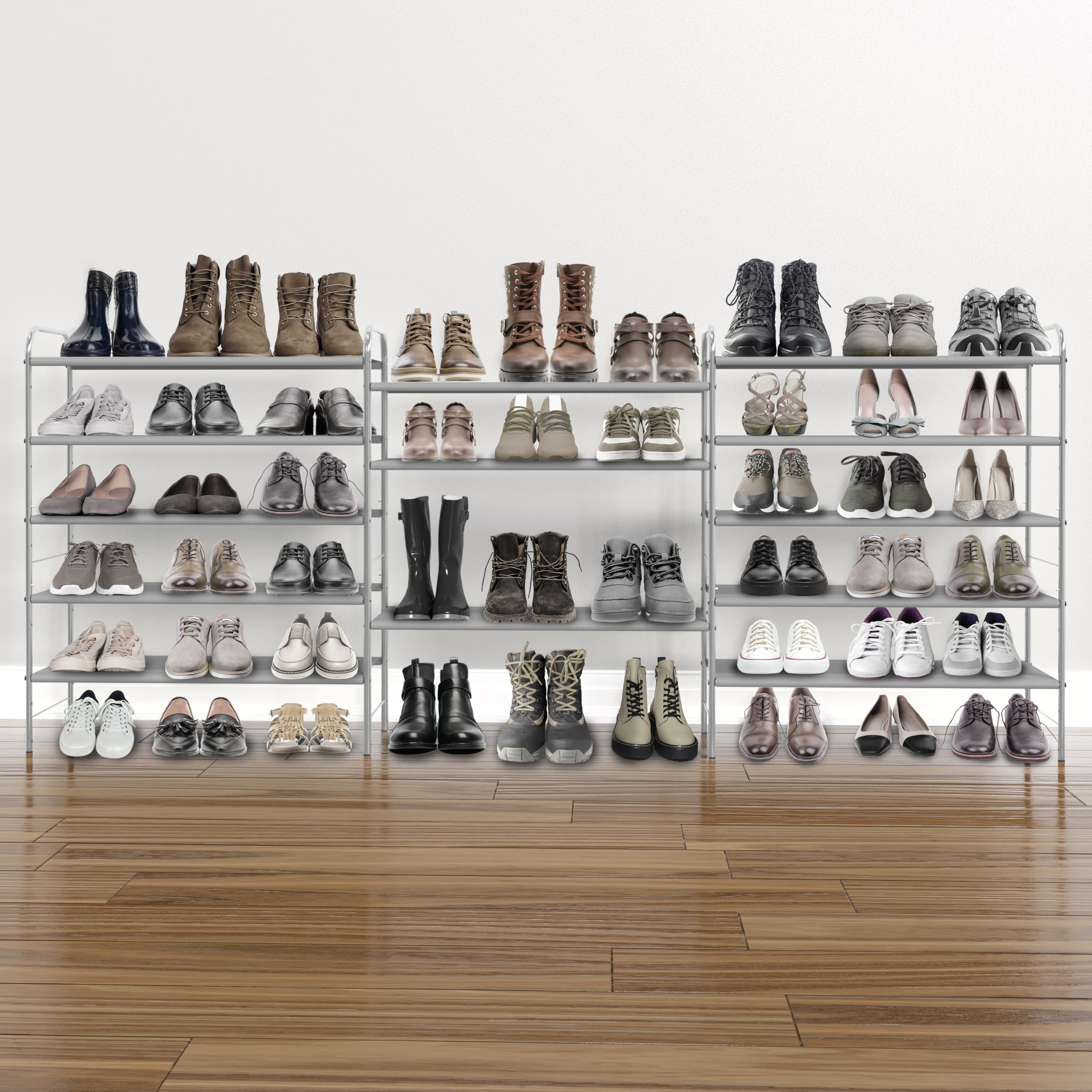 Simple Houseware 15-24 pair capacity demo on a grey shoe rack.