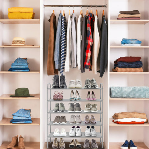 Simple Houseware entryway setup in grey with shoes neatly organized.