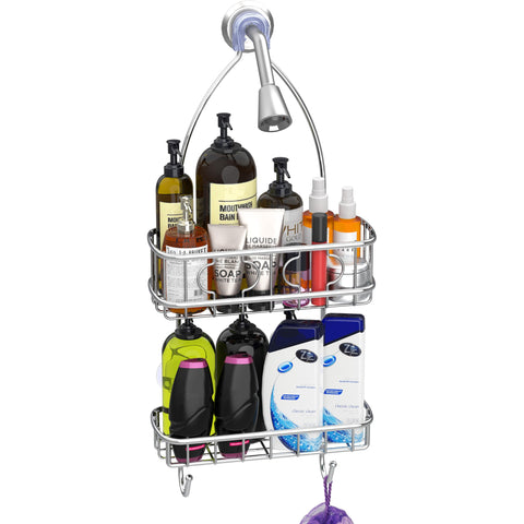 Simple Houseware caddy shelf with two hooks ideal for razors and loofahs.
