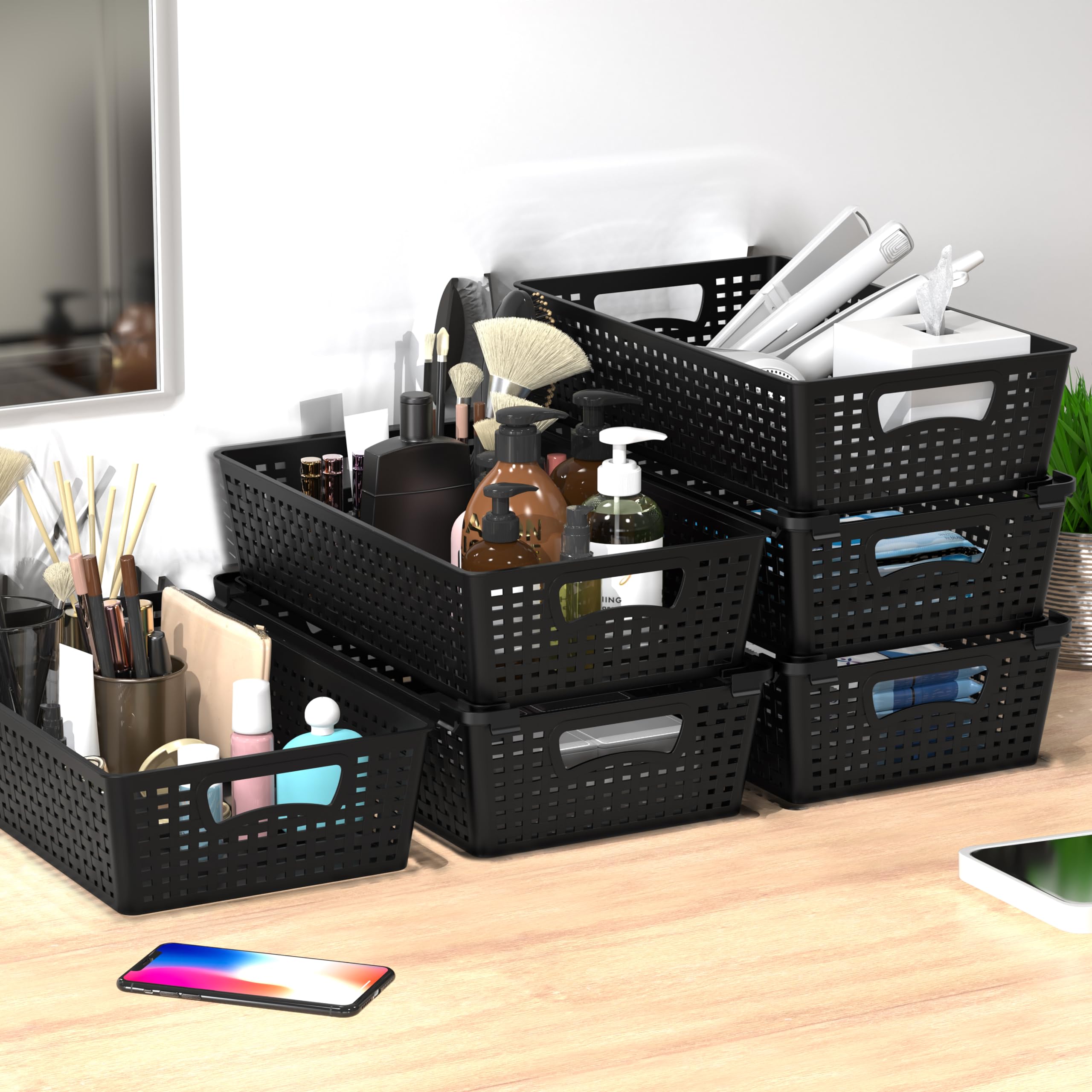 Simple Houseware basket organizer for office supplies, easy access.