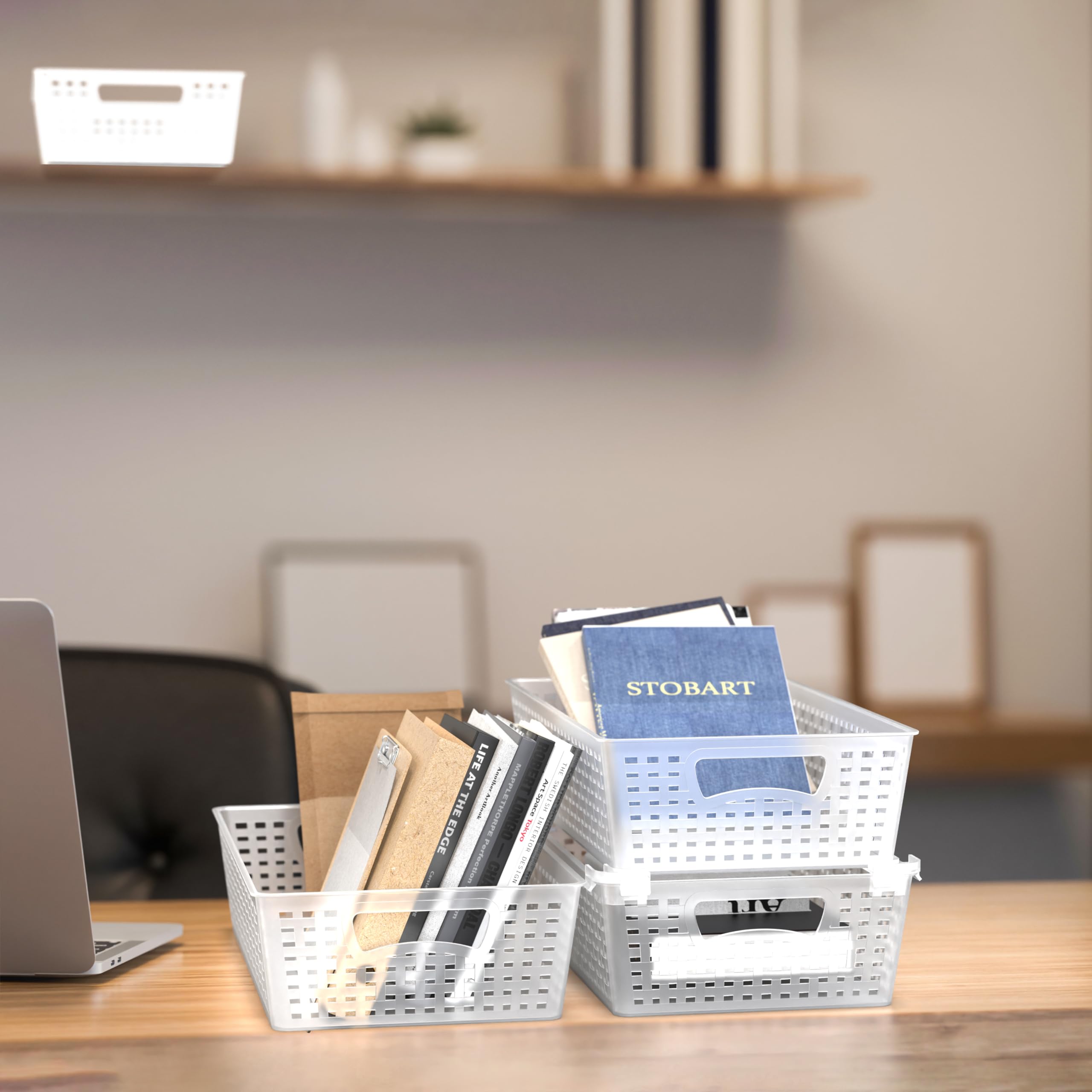 Simple Houseware stacked baskets demonstrate compact storage for small spaces.