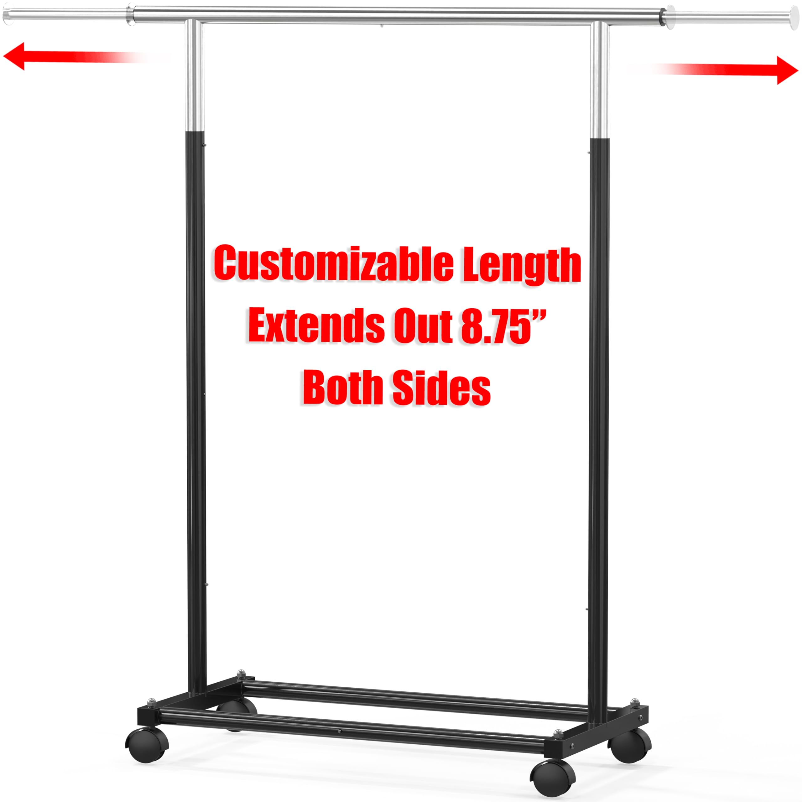 Simple Houseware garment rack extended-rod demonstrates adjustable hanging capacity.