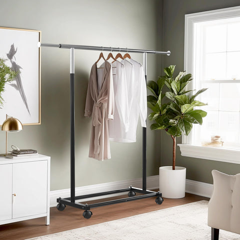 Simple Houseware rack side view highlights extensible top rod for extra hanging space.