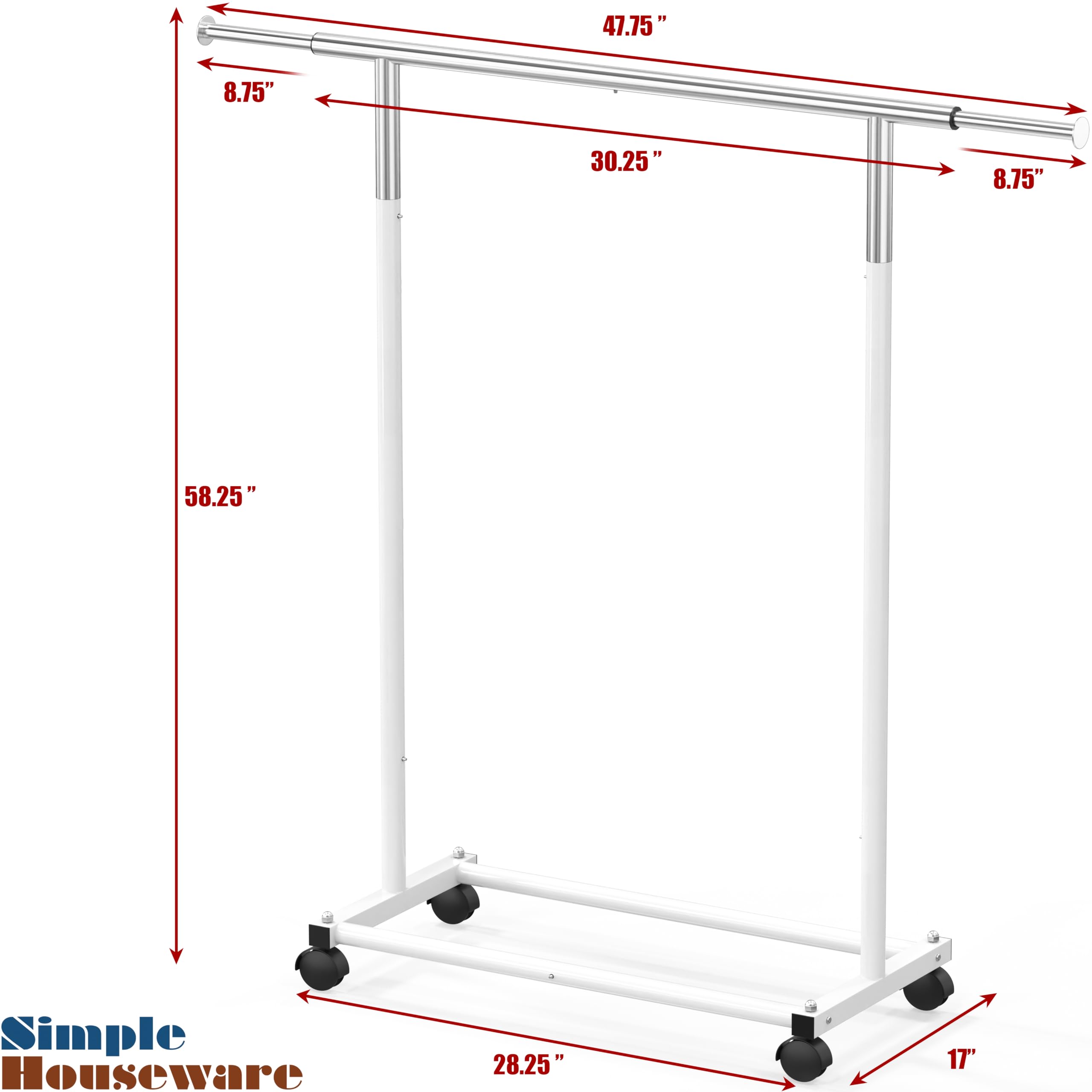Simple Houseware white garment rack supports up to 100 lbs for sturdy storage.