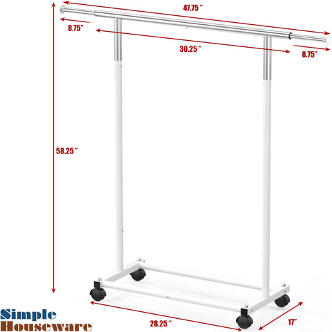 Simple Houseware white garment rack supports up to 100 lbs for sturdy storage.