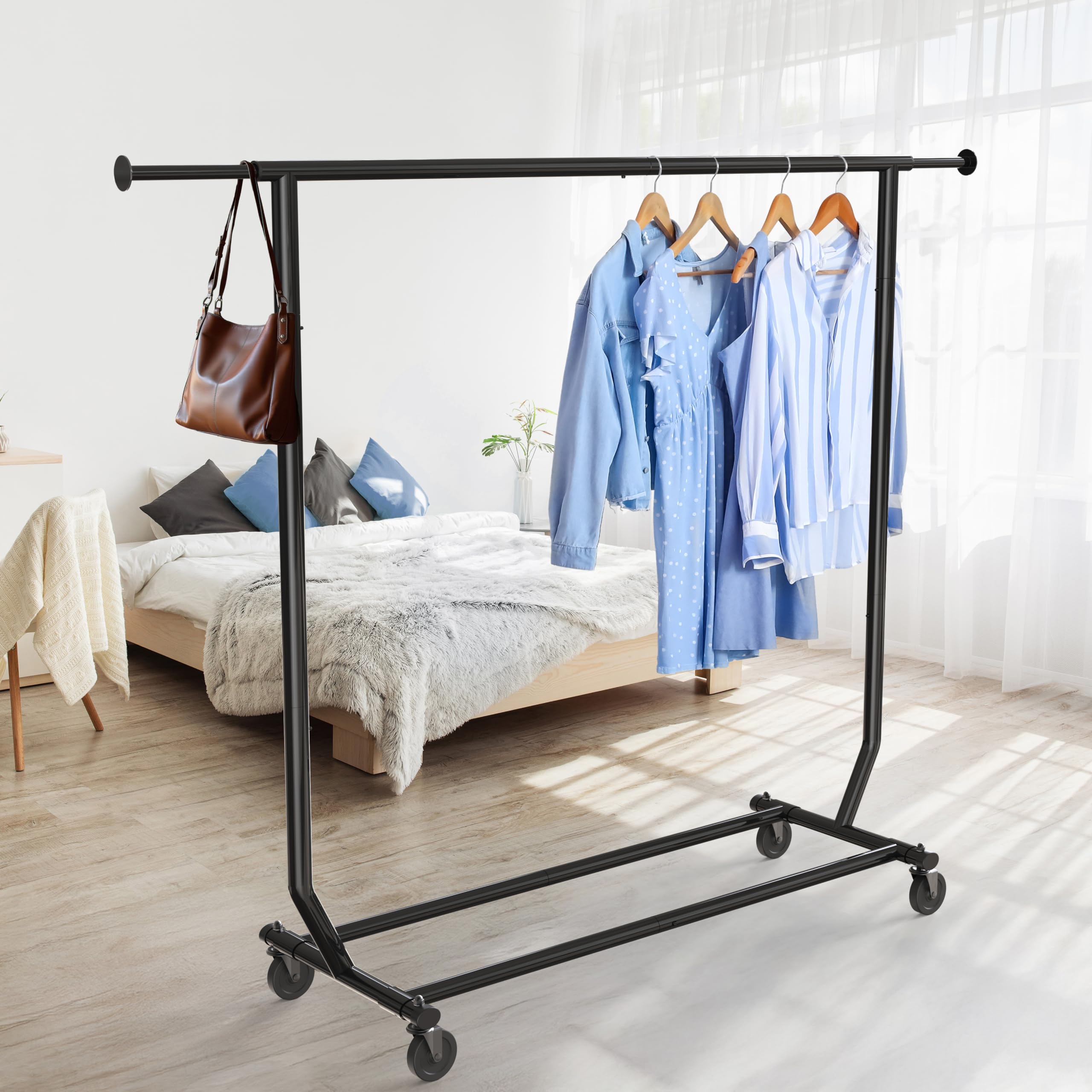 Simple Houseware Supreme garment rack dimensions: 21.5 deep, 50–75 wide, 65 high.