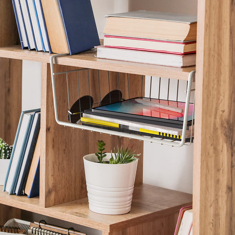 Simple Houseware under-shelf basket with dinnerware on a shelf