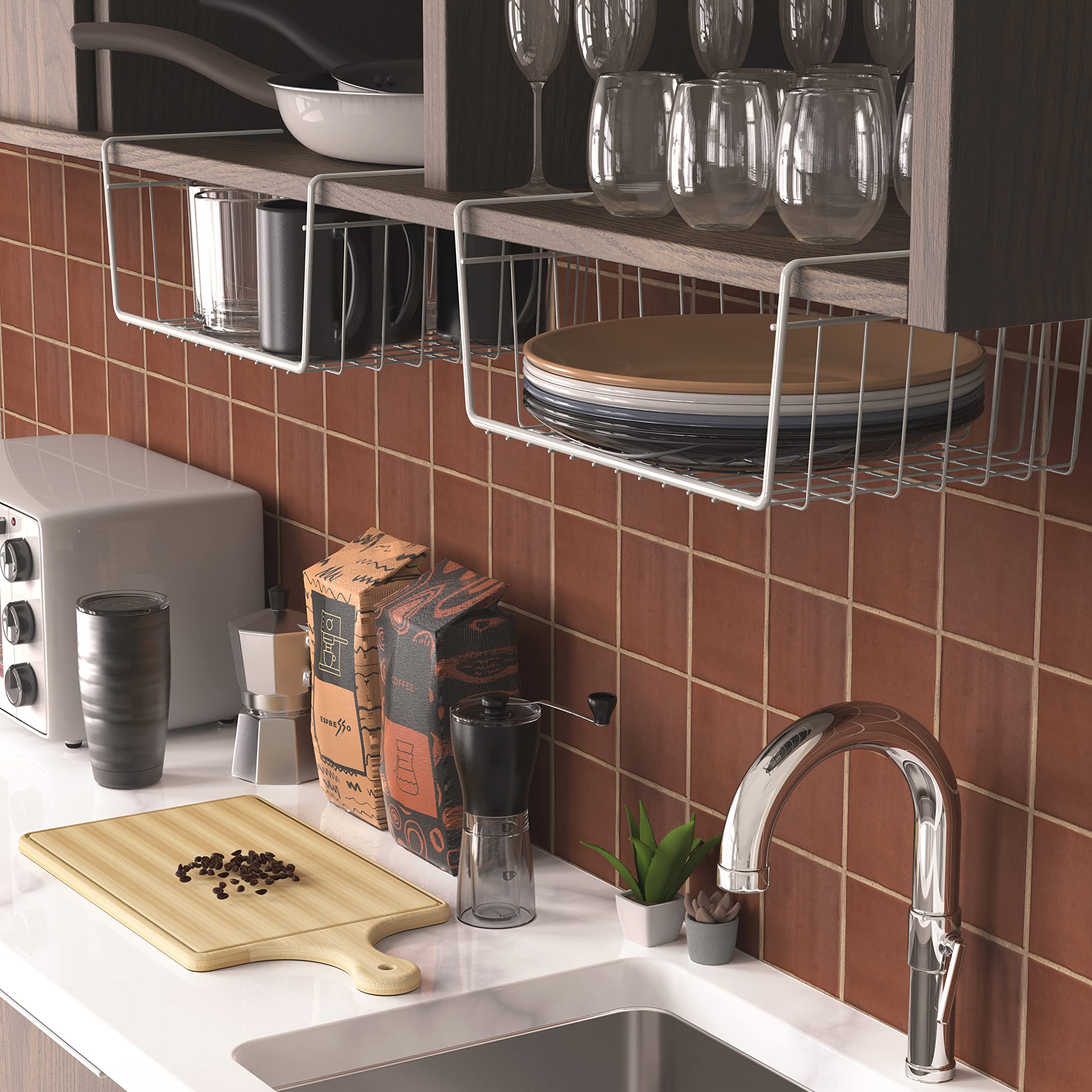 Simple Houseware white under-shelf basket fits tight shelves