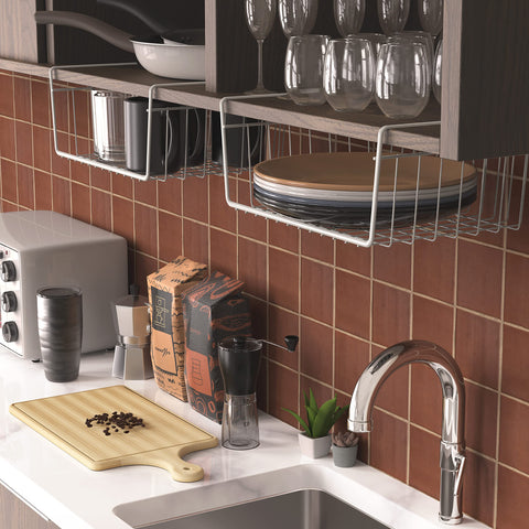 Simple Houseware white under-shelf basket fits tight shelves