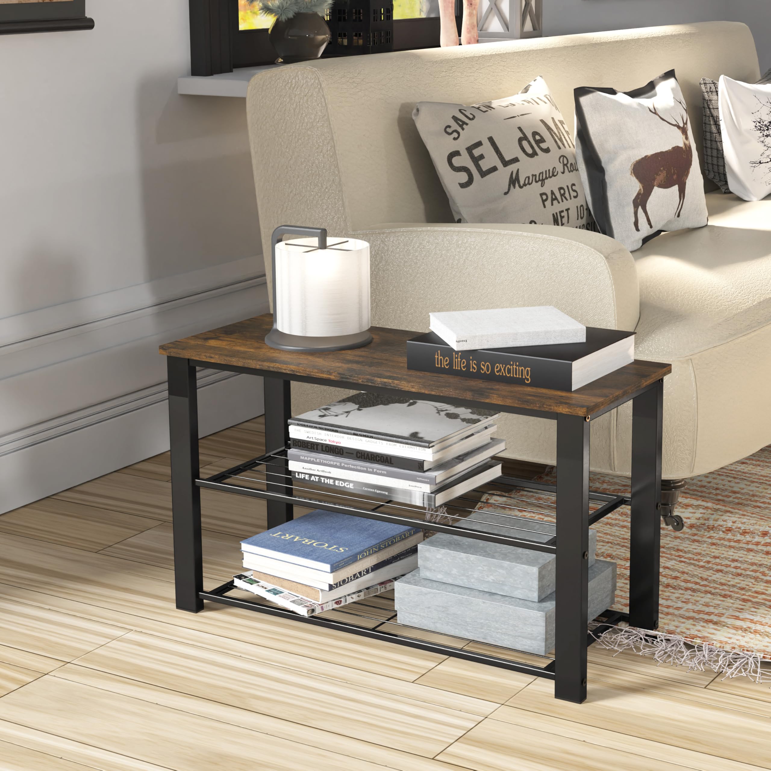 Sturdy metal frame with rustic finish supports daily use.