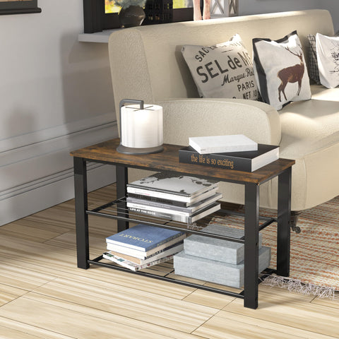 Sturdy metal frame with rustic finish supports daily use.