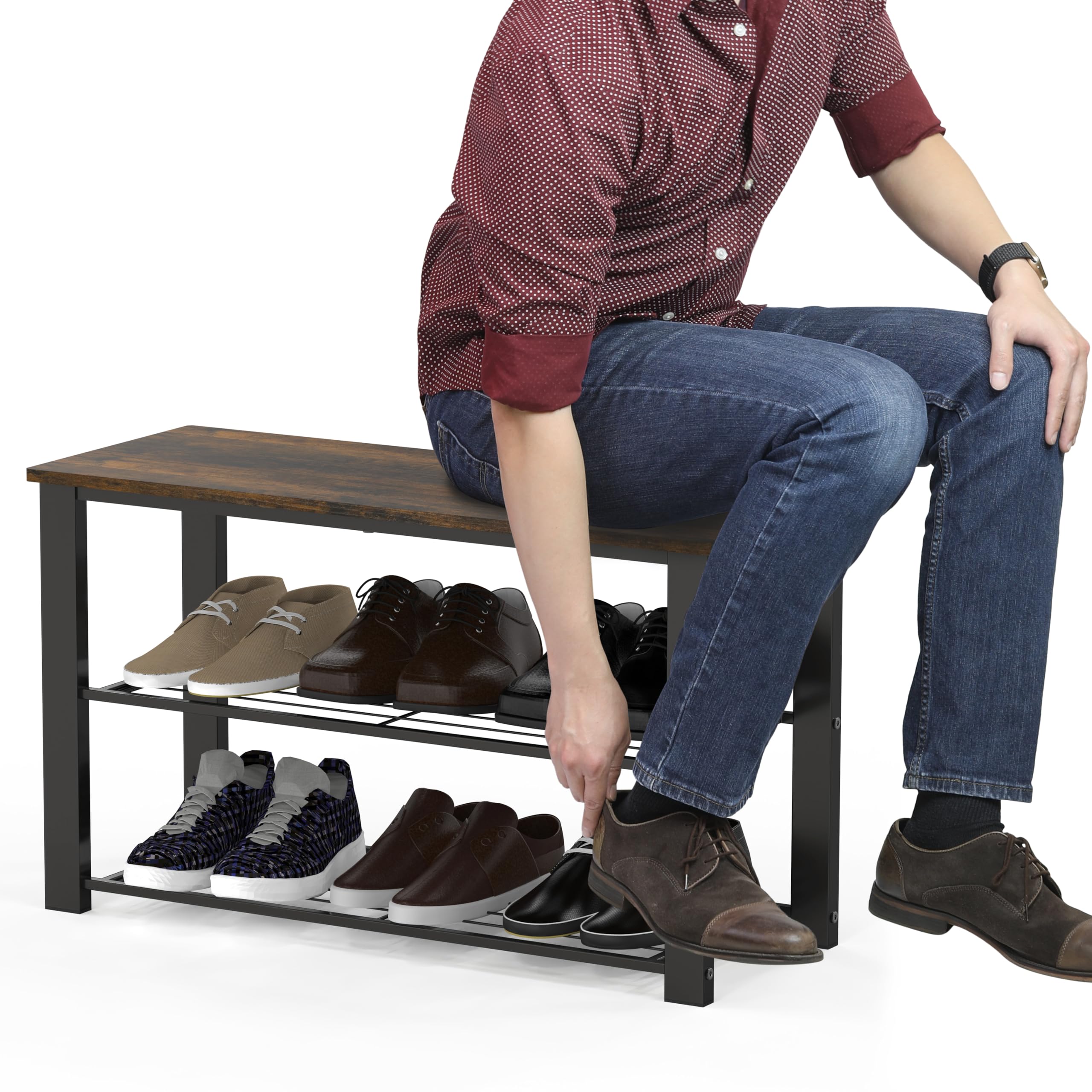 A person sits on the Simple Houseware bench, illustrating practical seating.